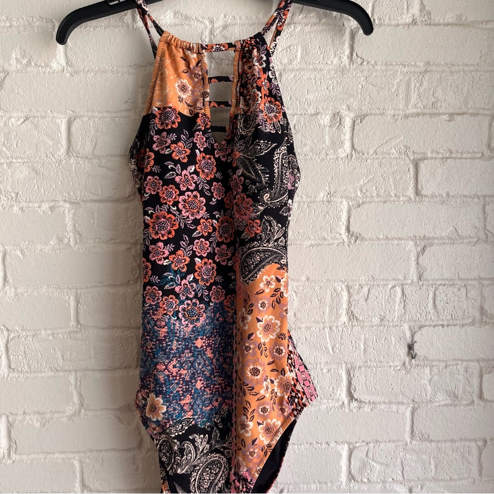 Garnet Hill Floral and Paisley One Piece Swimsuit - Black, Orange, Blue - Picture 2 of 16